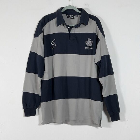 Live For RugbyScotland Polo Shirt Mens Sz 3XL Striped Blue Gray Long Sleeve